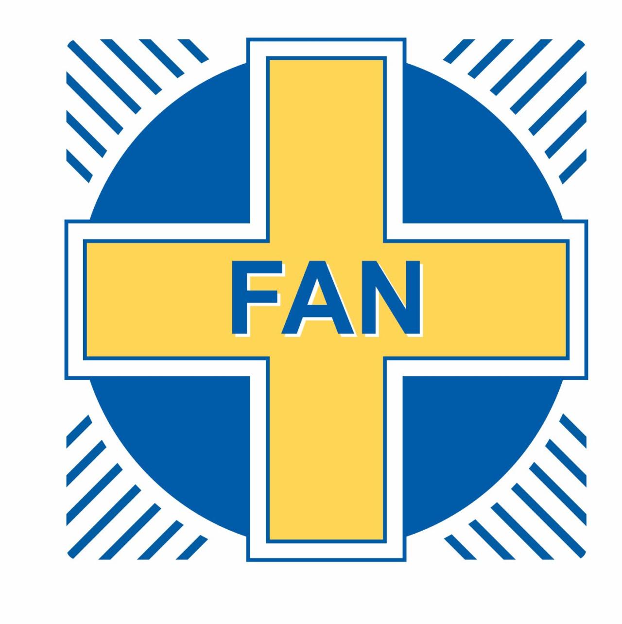 FANin logo, jossa keltainen risti sinisen ympyrän päällä.